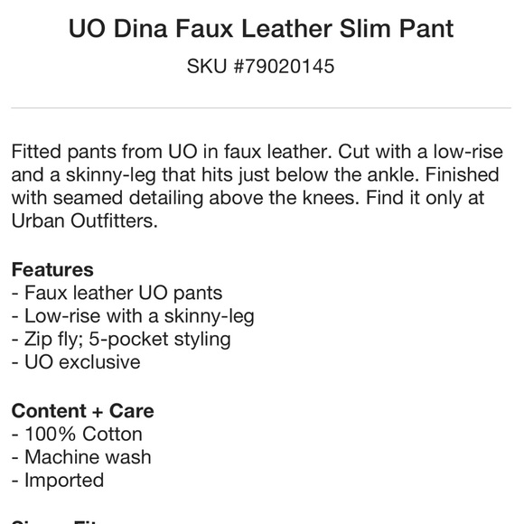 NWT Urban Outfitter Vegan Leather Pants - Picture 2 of 2